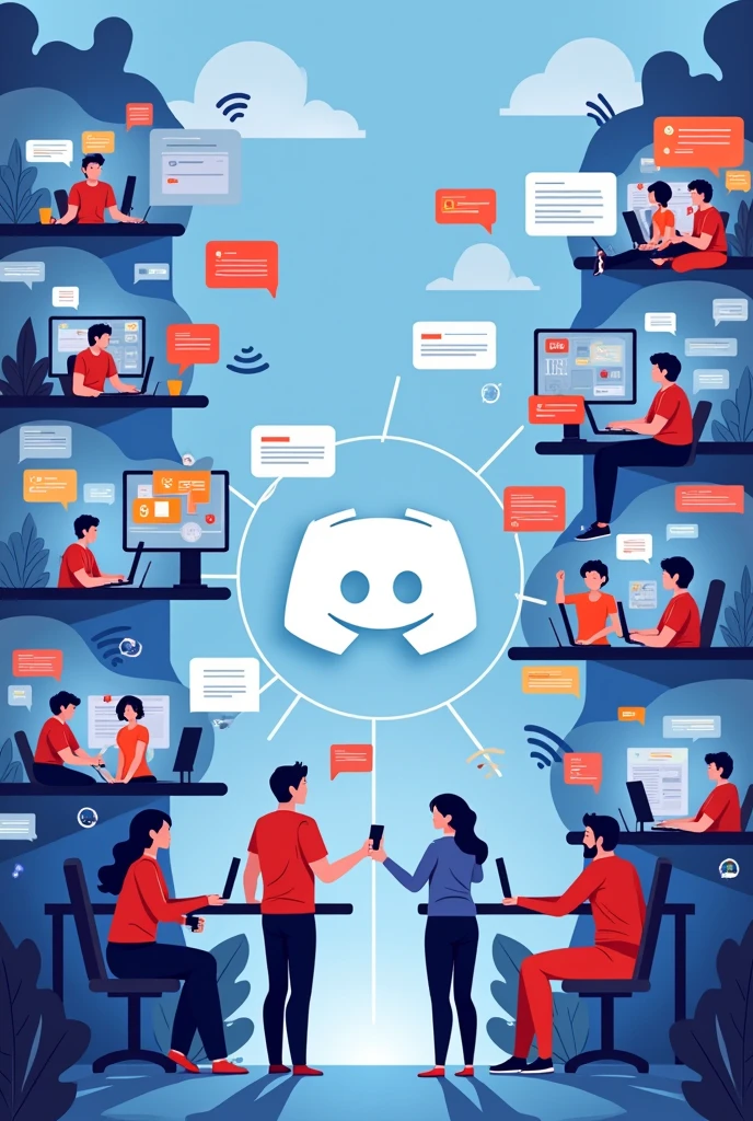Background on Internet Concept, Use light blue colors with red and black details, message elements between friends, conversas e gaming, many friends talking from afar using conversation bubbles In the same sense, use more graphic elements that refer to the internet Several people in different rooms with different themes (( music, gaming, movies)) Discord symbol in the middle