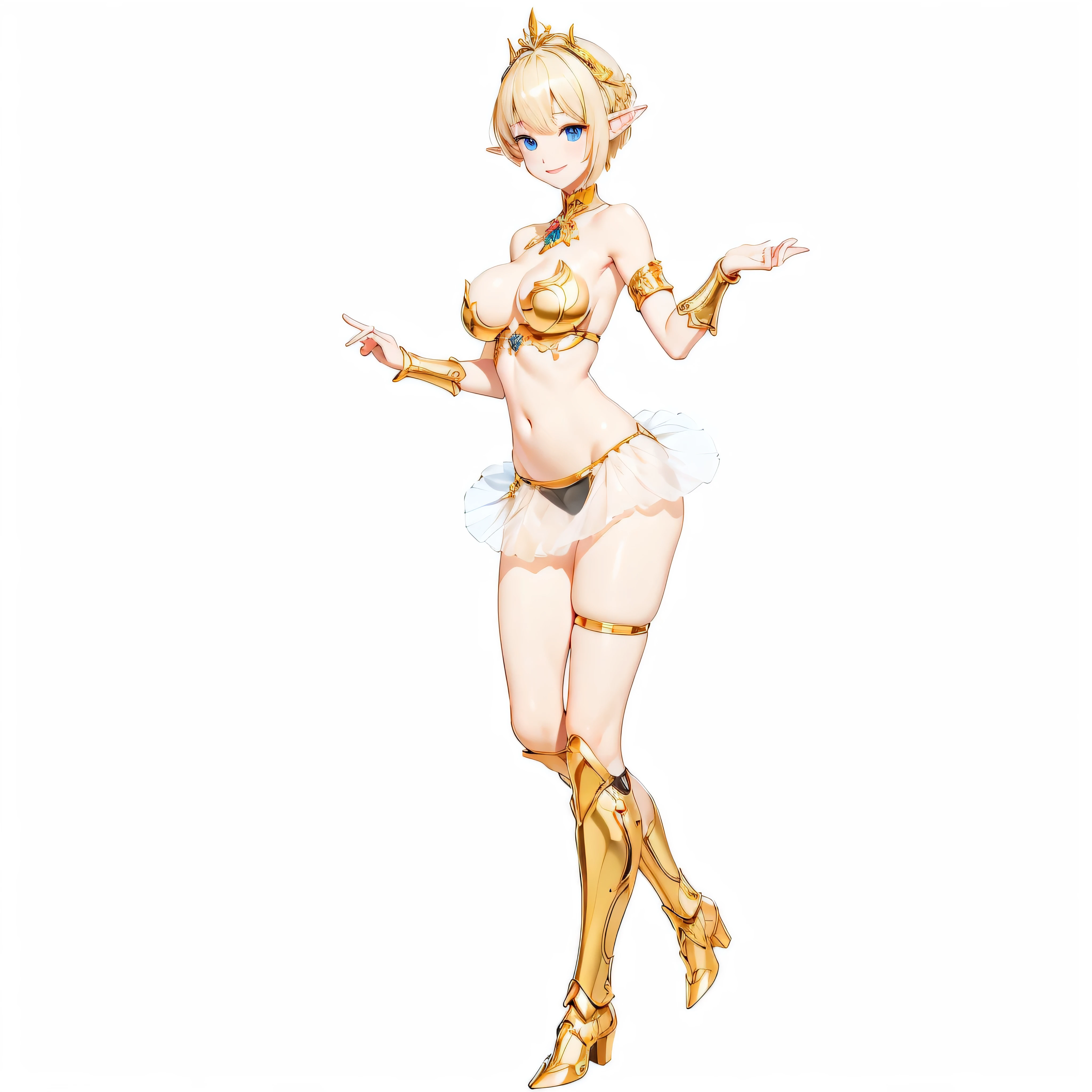 Highest quality、Very detailed、High resolution、１６ｋ、Thin contours、耳の長いElf、Nipples are visible、Shining golden armor、Gold bikini armor、Very large breasts、Extremely transparent skirt、Wearing black pants、chest proportion、Smile of the Goddess、Very white skin、Beautiful fingers、Perfect Style、Elf、No bra、Blonde hair and blue eyes、Cool smile