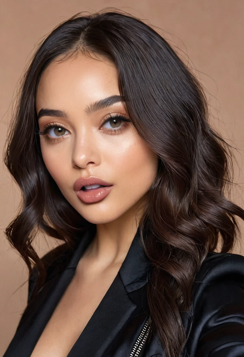 Arabian woman in a black shirt and black jacket, Portrait of Sophie Mudd, Young woman taking a selfie, Inspired by Tessa Thompson, Professional Makeup, Shine, profile image, Sexy face with full makeup, finely detailed perfect face, Her long black hair is gently waved、Her mouth is slightly open, her tongue sticking out to lick the corner of her lips.、Alluring expression, Perfectly lit face, HeadshotProfile picture, White skin、 Ayahuasca、Professional Camera、Professional Lighting、