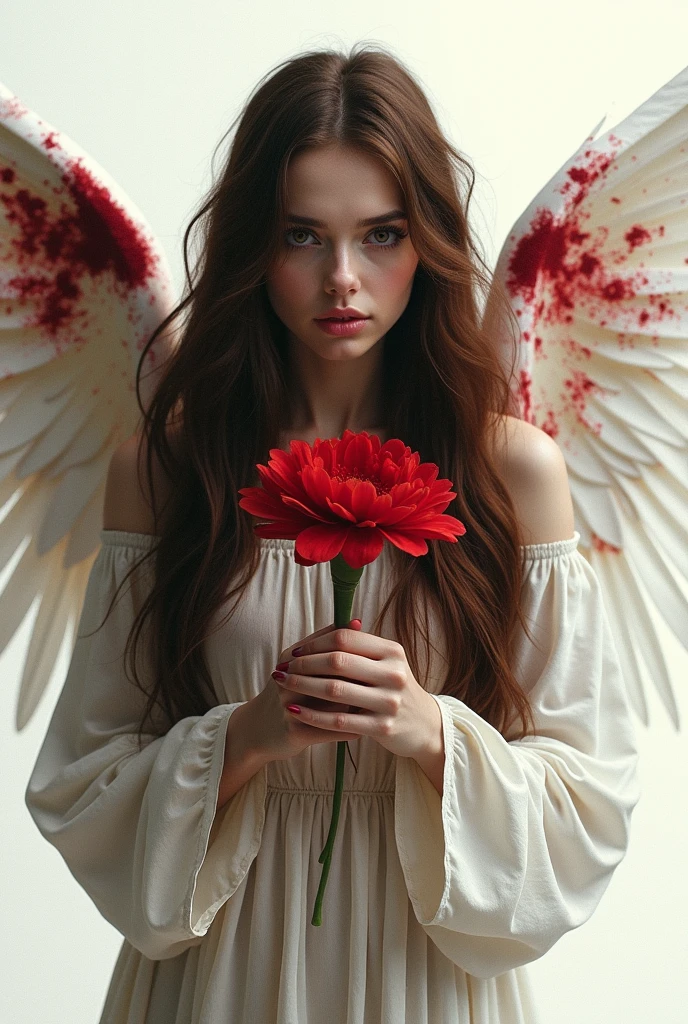 an angel, of the darkest honey-colored hair, lightbrown eyes, and a white background, but with a blood-red flower, and the background with blood splatters.