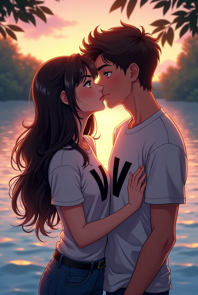 A woman and a man, facing the camera, are sitting by a lake, kissing. Each of them is wearing a shirt that shows the initials V and W. Vicky is white. The woman has a V on her shirt and the man has a W. Their initials are clearly visible. The scene is in anime style. Vicky has brown eyes.