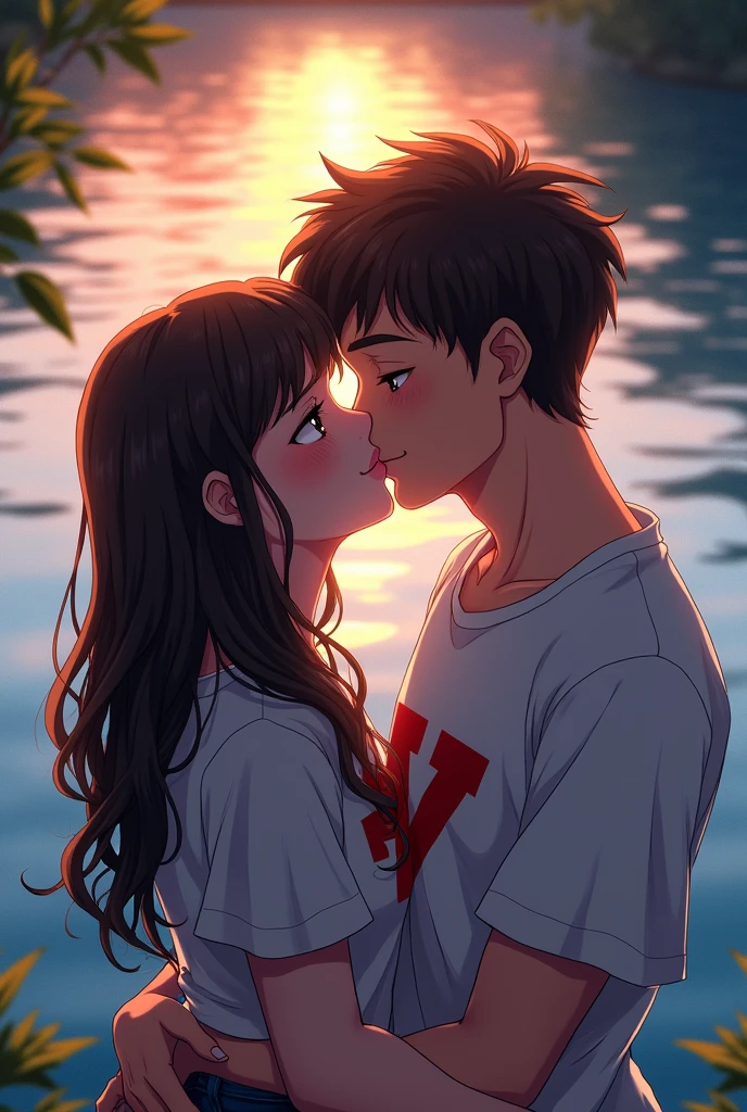 A woman and a man, facing the camera, are sitting by a lake, kissing. Each of them is wearing a shirt that shows the initials V and W. Vicky is white. The woman has a V on her shirt and the man has a W. Their initials are clearly visible. The scene is in anime style. Vicky has brown eyes.