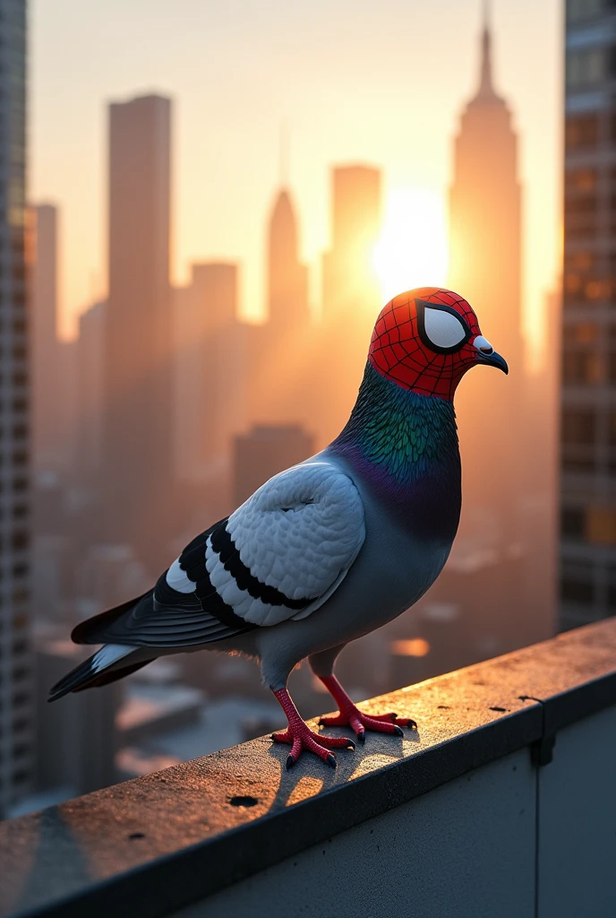 Create an image of a pigeon wearing a Spider-Man mask on top of a building.