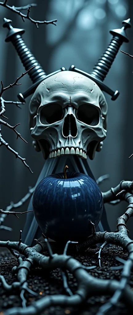 Create a 3D image of a skull biting into a dark blue apple, with two swords behind the skull. in the background full of thorns and white branches, intertwined with the skull, em uma floresta escura.