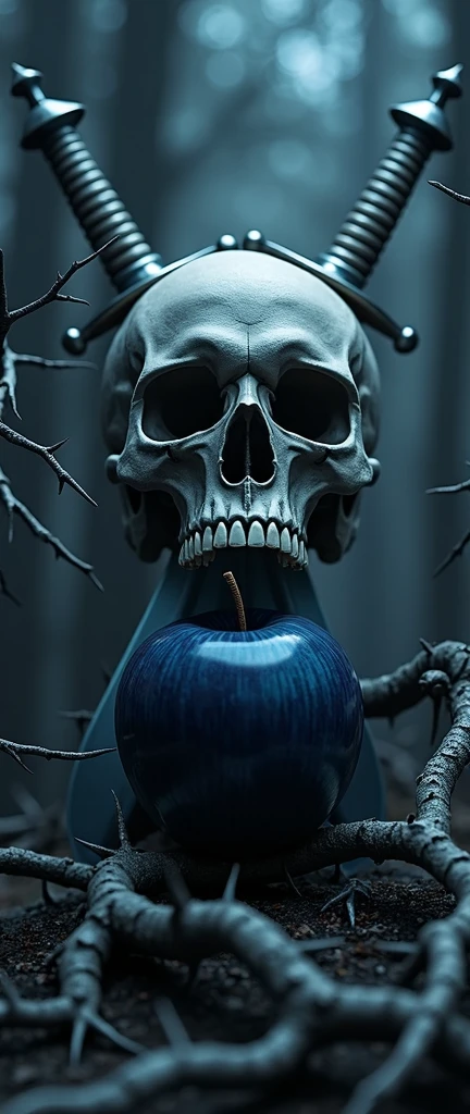 Create a 3D image of a skull biting into a dark blue apple, with two swords behind the skull. in the background full of thorns and white branches, intertwined with the skull, em uma floresta escura.
