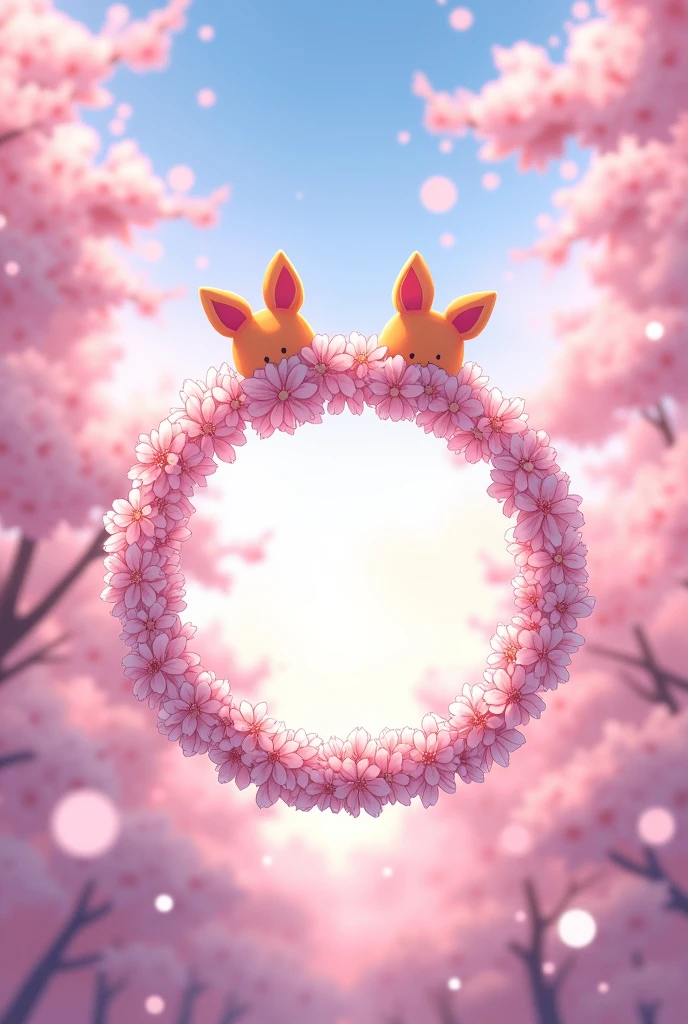 An anime version of a circle of cherry blossoms with fox ears at the tip of the circle in pink