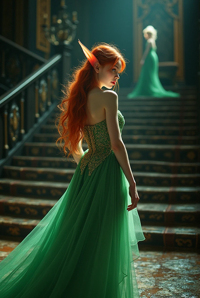 Book cover with a 22 year old fairy, with pointy ears of white skin and red hair with golden streaks and emerald green eyes, wearing a green princess dress turned her back to a staircase towards a dark throne.