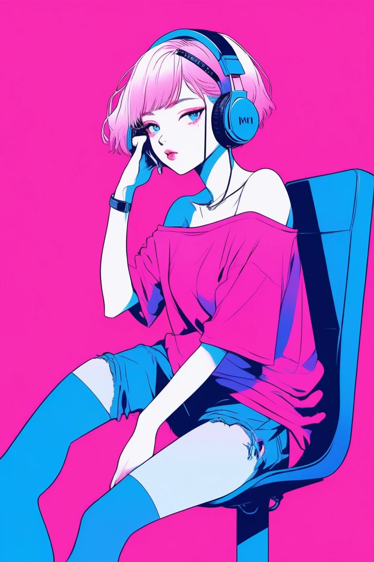 Illustrator, anime , Realistic ,sketch , 1 person, ,lip, Off-the-shoulder T-shirt, (((whole body))), order, Blue and pink gradient background, Neon Short Hair,Wear headphones, With legs apart, Sitting in a chair, Texture Trim, Canadian, (masterpiece,Highest quality) 