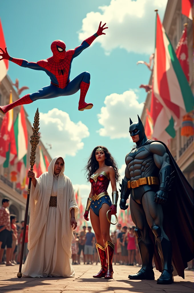 Spiderman, Batman, Wonder Woman, Sipitung Sibuta (the blind man from the cave), Nenek Lampir (the ghost grandmother), are all attending the independence ceremony.