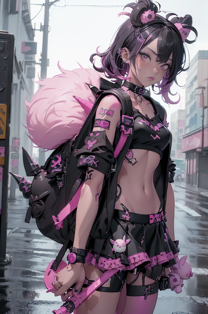 (highest quality、8k、32K、masterpiece、nffsw:1.3)、(Photoreal:1.4),((shoot from front,looking at viewer,full_body:1.5)),((18-year-old punk girl,eccentric punk hair:1.3)),((pink and black punk fashion、flared mini skirt、micro bikini:1.5))、((Holding a stuffed rabbit:1.5))、clothes with studs、((holding a bloody bat in his right hand:1.5))、((black backpack on the back))、(bright black and pink hair:1.5),Wacky makeup、Desolate city in the rain,puddle on the road、(cinematic lighting)、Depth of the bounds written,blurred background、