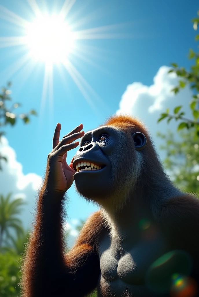 Gorilla female on the right side of the screen,Gorilla smiling,Looking up at the sun and smiling,He is covering his forehead with his right hand to avoid the sun.,Sun in the upper left,Summer sky,Extreme heat, pussy hairy, pubic hair, Big boobs, fat billy, Big boobs,