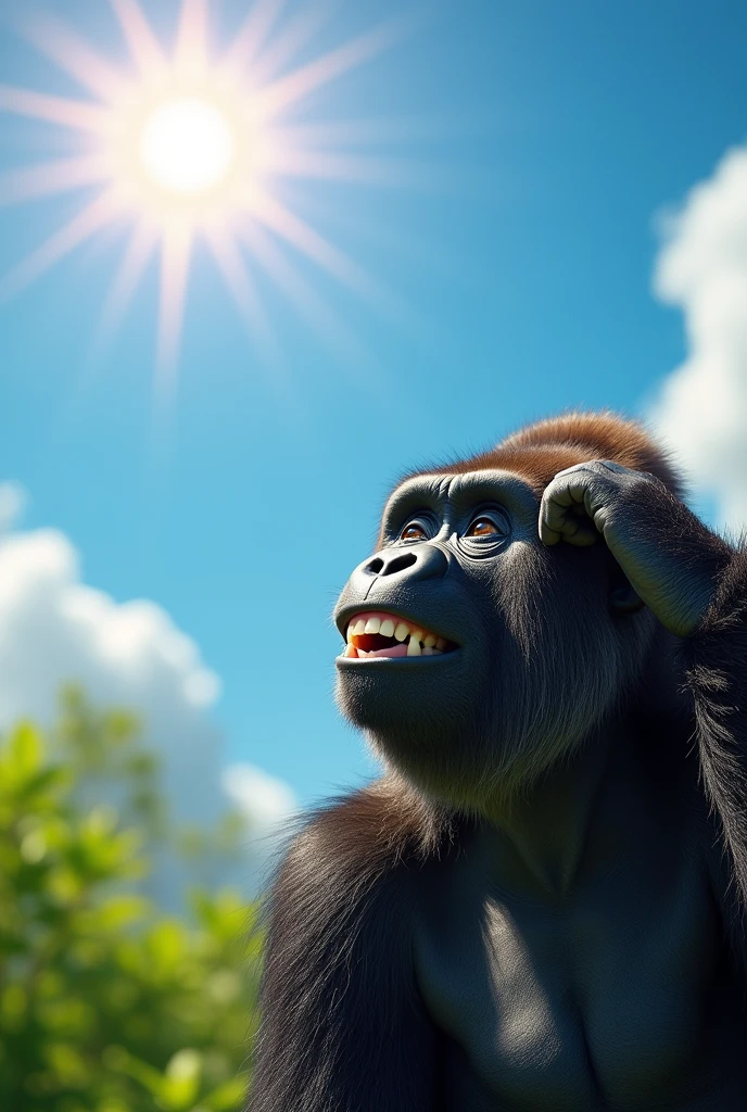 Gorilla female on the right side of the screen,Gorilla smiling,Looking up at the sun and smiling,He is covering his forehead with his right hand to avoid the sun.,Sun in the upper left,Summer sky,Extreme heat, pussy hairy, pubic hair, Big boobs, fat billy, Big boobs,
