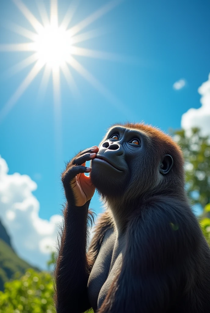Gorilla female on the right side of the screen,Gorilla smiling,Looking up at the sun and smiling,He is covering his forehead with his right hand to avoid the sun.,Sun in the upper left,Summer sky,Extreme heat, pussy hairy, pubic hair, Big boobs, fat billy, Big boobs, 