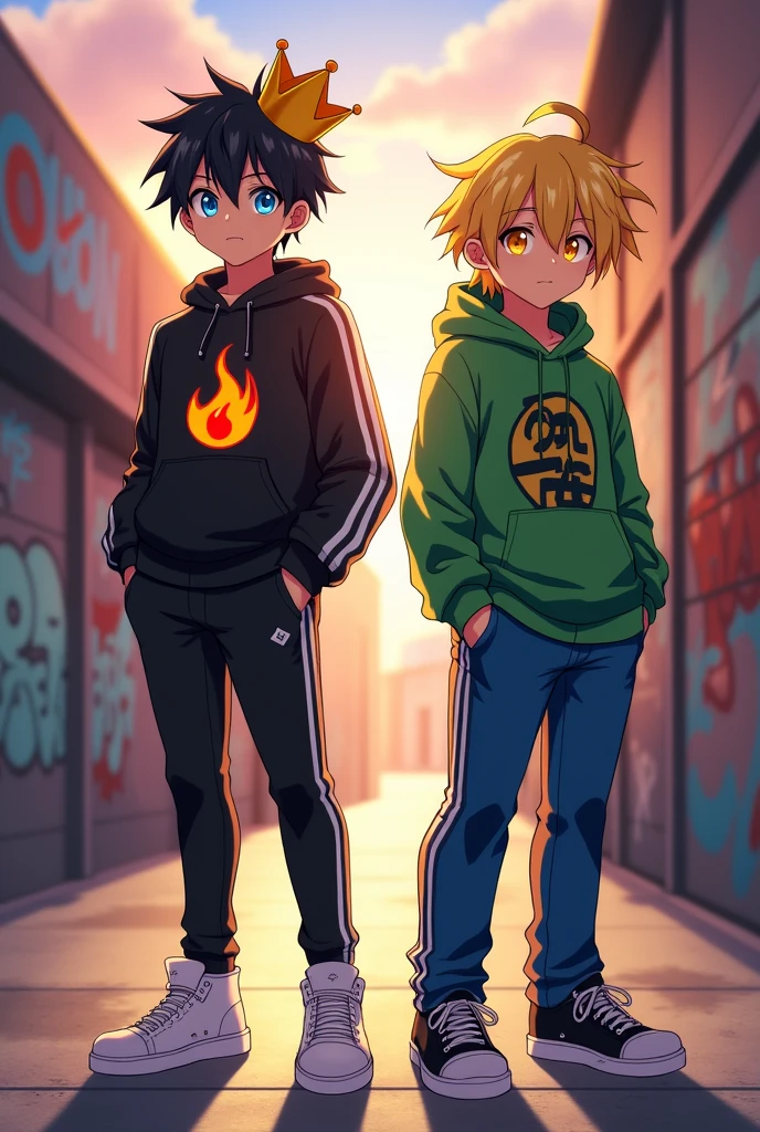 Anime boy with a crown, blue eyes, black sweater with a fire logo, black pants with white stripes on the sides, and white shoes. Another anime boy with yellow eyes and yellow hair, wearing a green creeper sweater, blue pants, and black shoes.