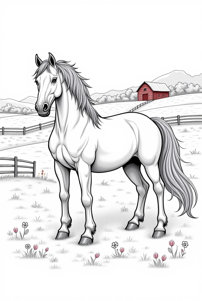 Generate a coloring image of the horse on the farm format 3:4
without color

