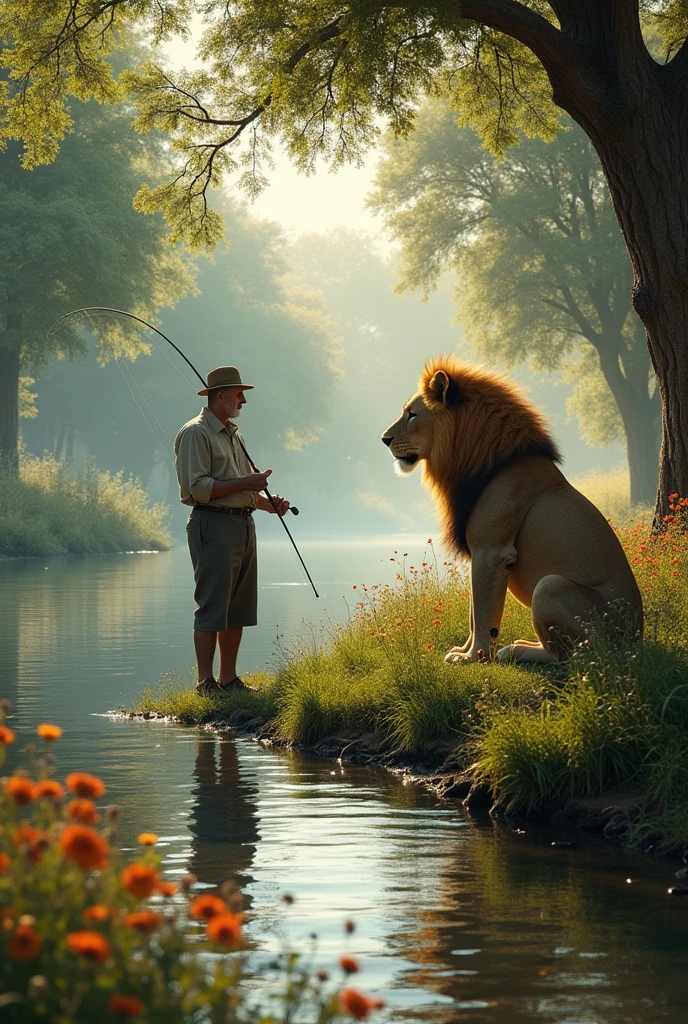 Man fishing next to a lion in the river
