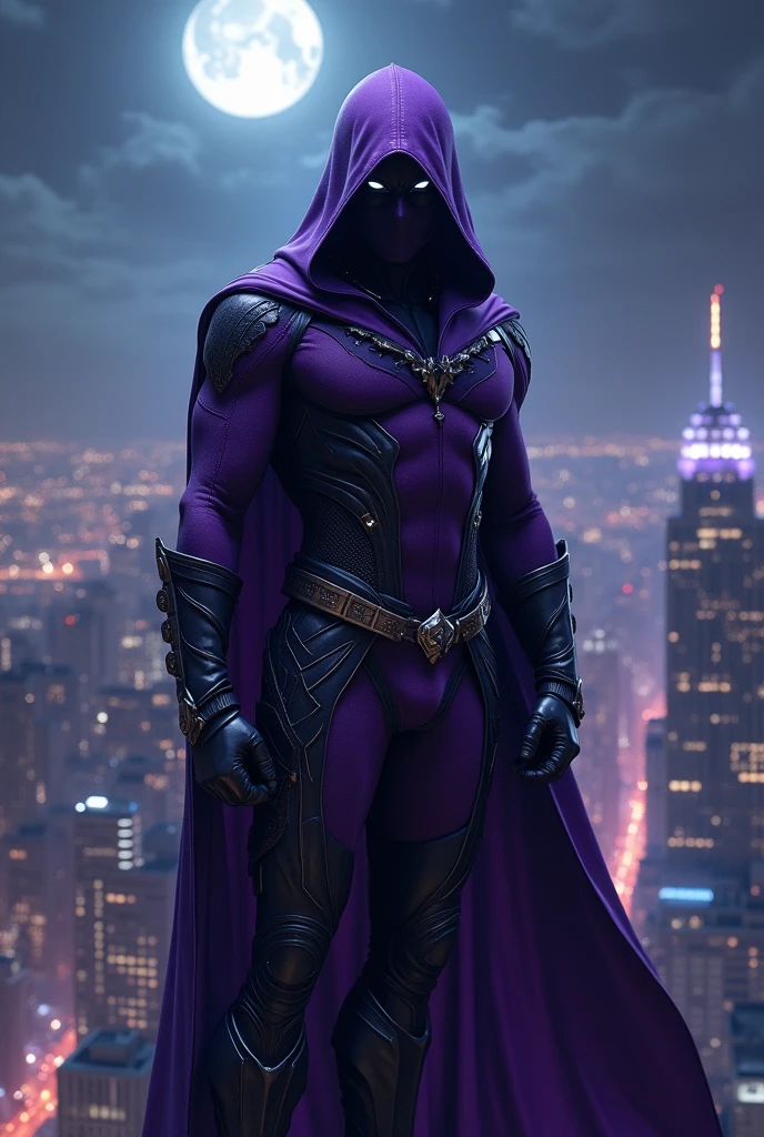 an assassin superhero with a purple suit