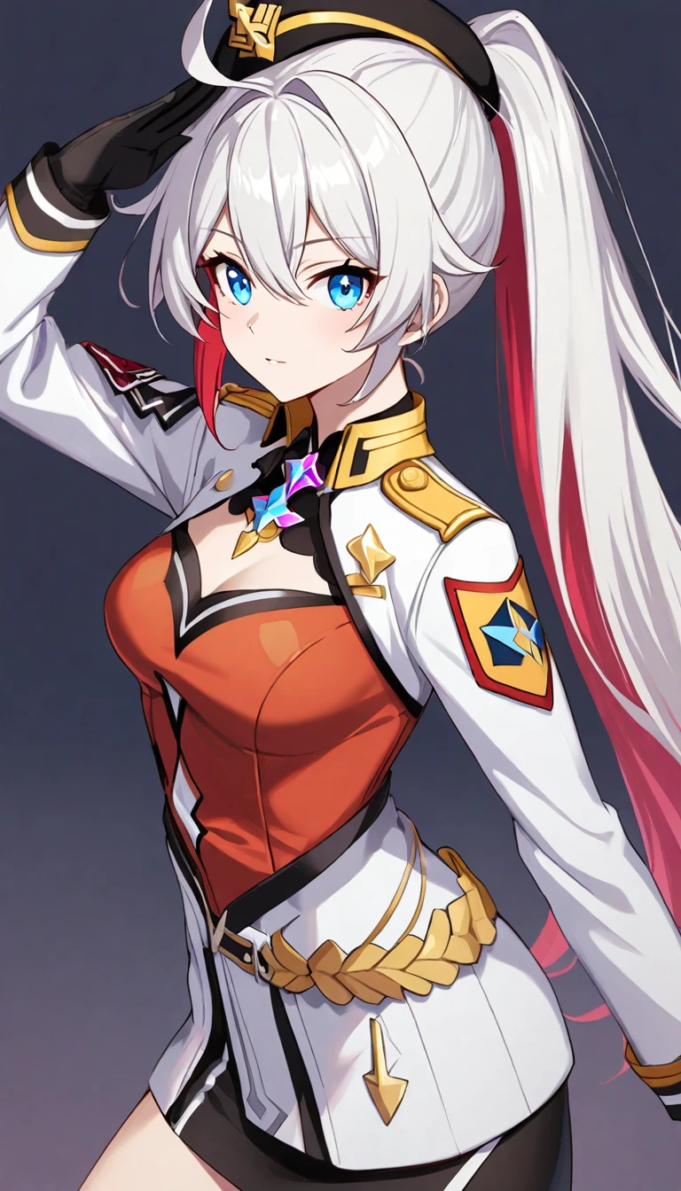 (solo girl:1.3)、(slender:1.3)、(shiny hair)、kiana kaslana \(honkai impact 3rd\), herrscher of finality, white hair, ahoge, ponytail, very long hair, blue eyes, (white military uniform:1.5), (red inner shirt:1.6), (gold insignia:1.5), (rank patches:1.4), (fitted jacket:1.5), (pencil skirt:1.3), (formal attire:1.4), (saluting pose:1.5), (structured shoulders:1.4), pantyhose, looking at view