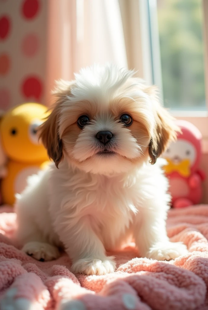 A cute Shih Tzu puppy with fluffy fur tilting its head to the side, with a curious expression.