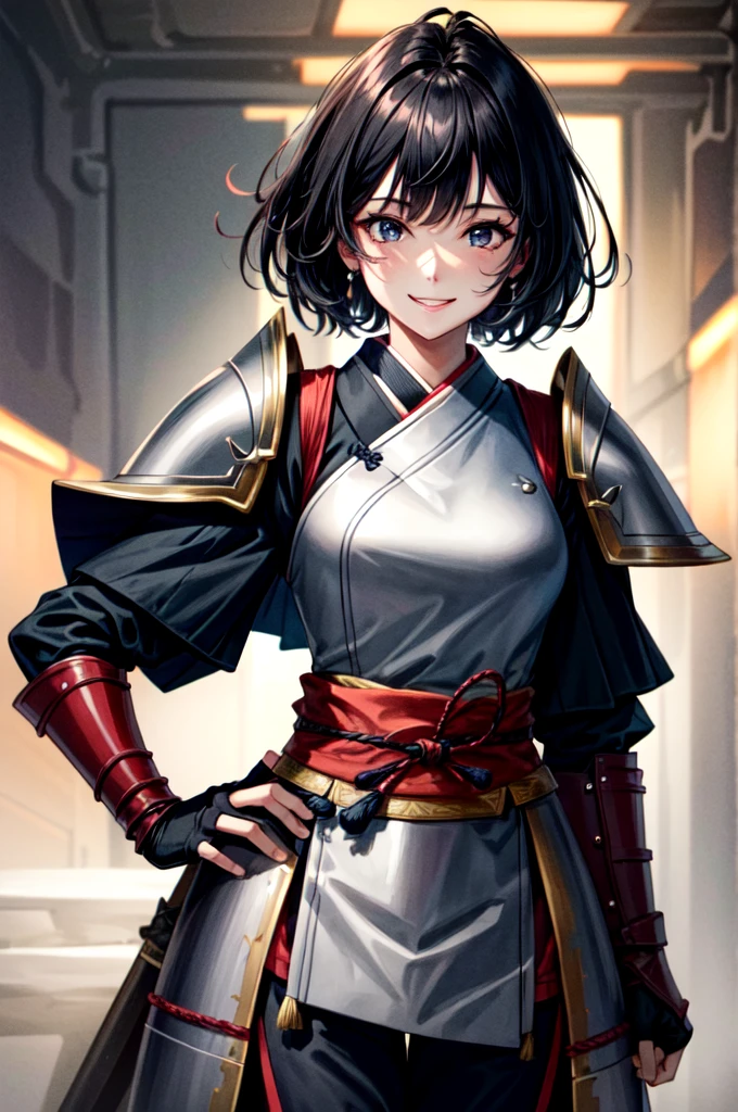 Woman in armor holding a sword, Female Samurai, A woman wearing light armor, Beautiful female warrior, smile, Black kimono, black eye, Black Hair, Tight waist, Five fingers, cinematic lighting, close-up, cowboy shot, UHD, retina, masterpiece, accurate, anatomically correct, textured skin, super detail, high details, high quality, award winning, best quality, highres