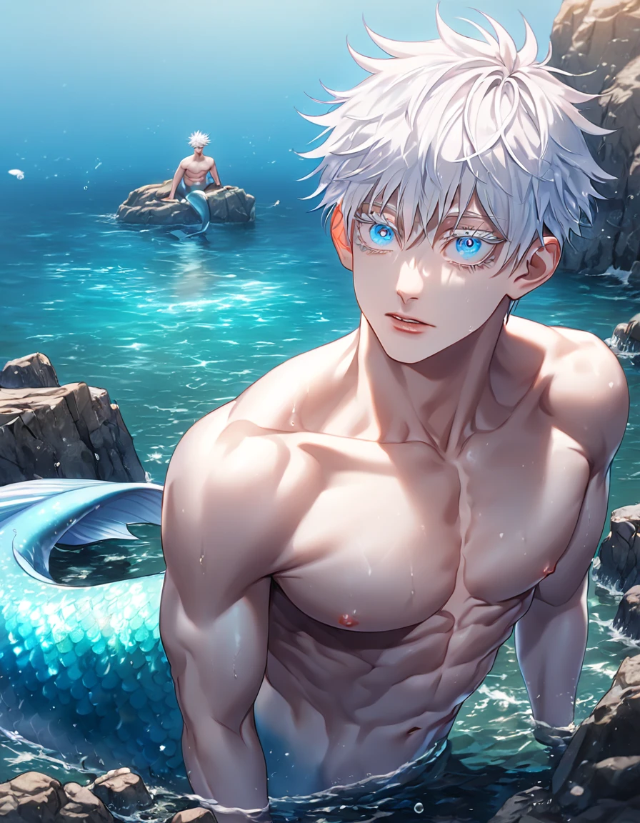 absurdres, highres, ultra detailed, HDR, master piece, best quality, extremely detailed, Gojou Satoru, white hair, expressive blue eyes, white eyelashes, Jujutsu Kaisen, solo, sexy merman sitting inside the water, handsome, sensual, manly merman, bare chest, sea, rock, blue sky