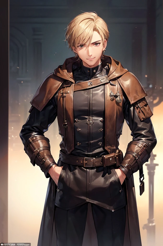 (((masterpiece; best quality: 1.2))), (detailed eyes: 1.3), ((1 young man)), ((solo)), (brown eyes: 1.4), (body shape; lean, masculine, manly face: 1.3), (short blond hair: 1.3), (clear background: 1.2), ((depth of field)), (equipment: masculine adventurer garb + practical hard-leather hunter protection + black hooded hunter overcoat + black stud earring: 1.3), (anime illustration: 1.2), (background composition; fantasy tavern interior + furniture: 1.1), (handsome: 1.1), (shot composition; standing + centered on face + bust close-up: 1.5), (facial expression; calm + smile: 1.2)