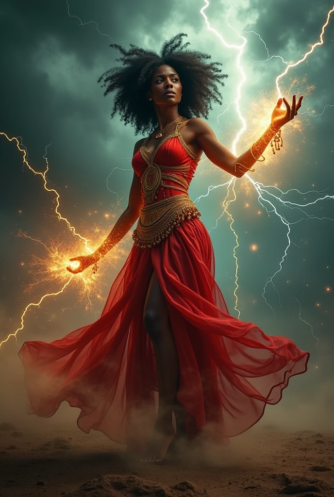Black woman Orisha, warrioress, curled hair, red and gold clothing, bare feet, in the middle of a tornado, with lightning coming out of his hand