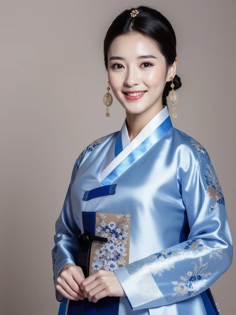 Woman wearing Chinese clothing,Upper body portrait,looking at viewer, Korean, 30 years-old, One of the three most beautiful women in the Korean, A beauty known all over the world, (light Black hair, beautiful lip, smile, earring ), (middle breasts, slender whist, wide hip ) ,(Silk Korean Hanbok clothing ,background wear color is blue), Royal cloth, Korean shoes ),(masterpiece, highest quality, High resolution, Photo realistic, sharp, RAW Photos, 8k wallpaper, perfection, Professional Lighting, Very detailed)