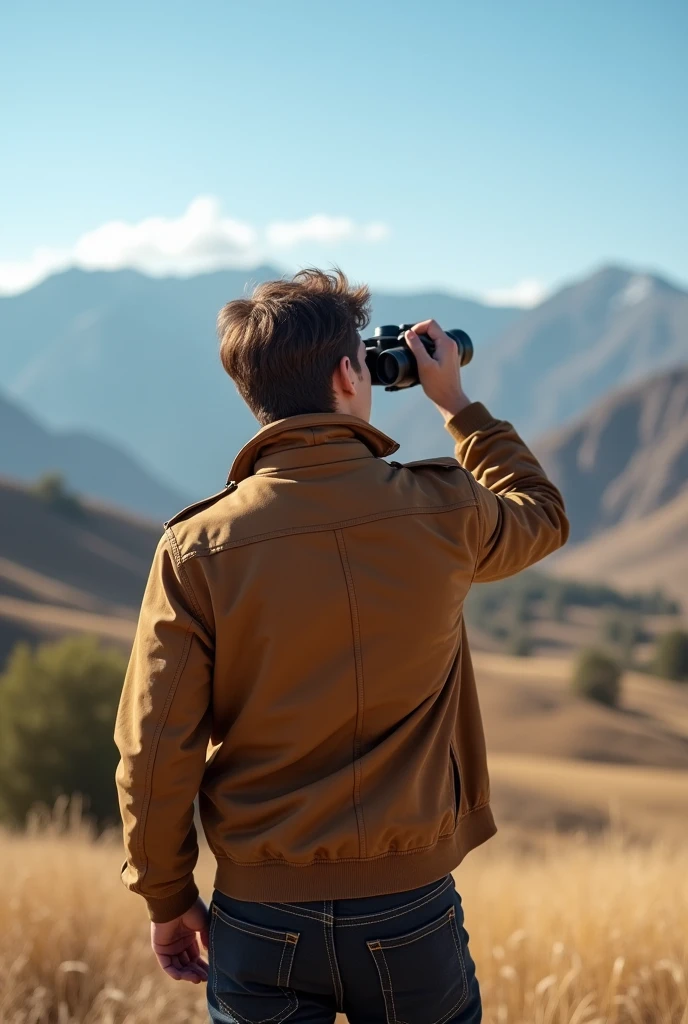 a guy looking towards the back with a brown jacket, and some black binoculars, jeans negros