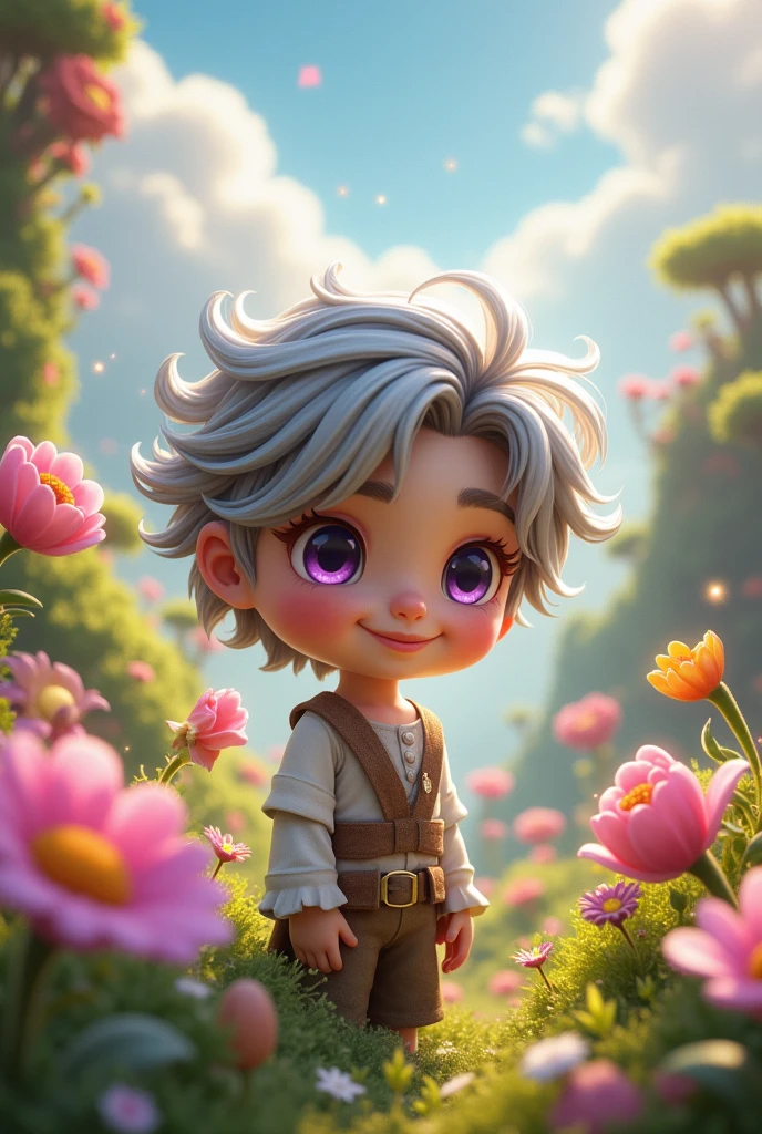 Cute prince with Italian features with gray hair and purple eyes in Wonderland