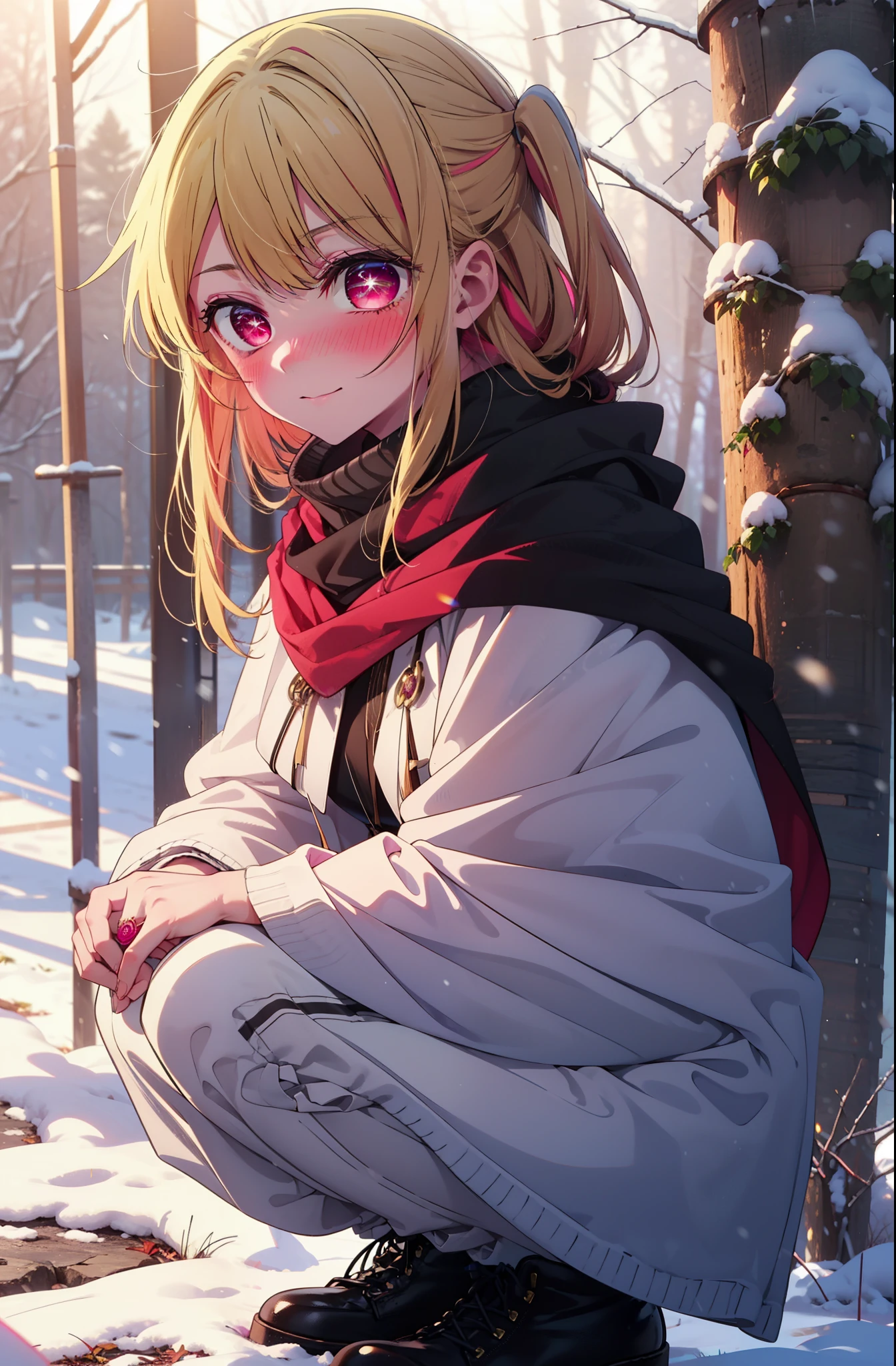 rubyhoshino, Hoshino Ruby, Long Hair, bangs, Blonde, (Pink Eyes:1.3), Side Lock, (Symbol-shaped pupil:1.5), Multicolored Hair, Two-tone hair, smile,,smile,blush,white breath,
Open your mouth,snow,Ground bonfire, Outdoor, boots, snowing, From the side, wood, suitcase, Cape, Blurred, , forest, White handbag, nature,  Squat, Mouth closed, Cape, winter, Written boundary depth, Black shoes, red Cape break looking at viewer, Upper Body, whole body, break Outdoor, forest, nature, break (masterpiece:1.2), Highest quality, High resolution, unity 8k wallpaper, (shape:0.8), (Beautiful and beautiful eyes:1.6), Highly detailed face, Perfect lighting, Highly detailed CG, (Perfect hands, Perfect Anatomy),