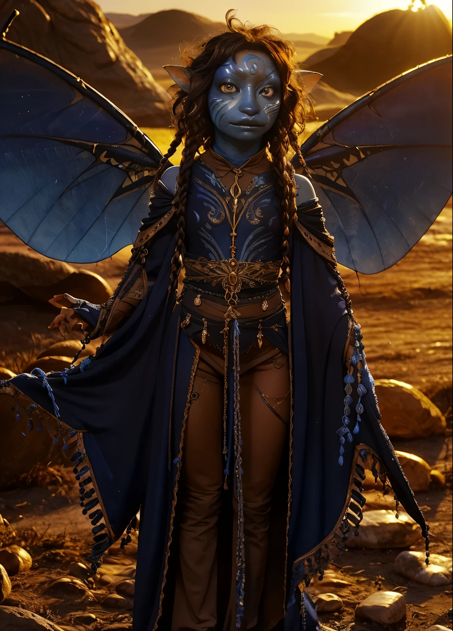 dousan, gelfling, female, dark blue and orange beaded robes decorated with jewels and bones, short curly hair with long decorated braids, desert, blue skin with lighter blue face paint, big orange eyes, jewelry, full body, insect wings coming from shoulders,