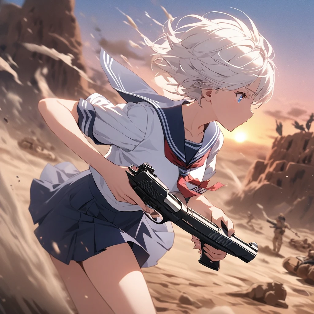 One woman,Dual pistols,Desert Eagle,Get Ready,Close-up. A woman is wearing a sailor uniform.,mini skirt,Blowing in the Wind ((blue eyes,White Hair)) The woman is a survival game avatar,Playing a battle royale,Whole body,profile,One eye, dust dances in the air,A little blurry,sunset,sun,wilderness,It's going to be slaughtered