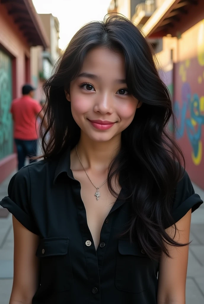 20 year old beautiful girl white face big eyes pink lips black hear and black shirt