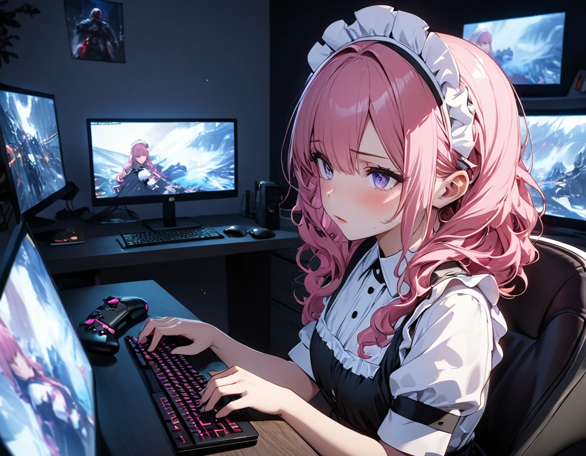 ((best quality)), ((masterpiece)), (detailed), perfect face, ((Best quality, 8k, Masterpiece: 1.3)), Sharp focus, Highly detailed face and skin texture, Detailed eyes, Maid apron, white brim, maid using a desktop computer, playing games on computer, FPS, Computer monitor, keyboard, gaming chair, pink hair, wavy hair, Dimly lit room, late night, Absorbed in the game, Use a Gamepad, Grab your Xbox Wireless Controller