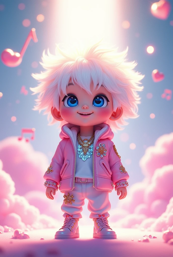Male, 1 person, mini character, fluffy illustration, white hair, blue eyes, idol outfit, singer