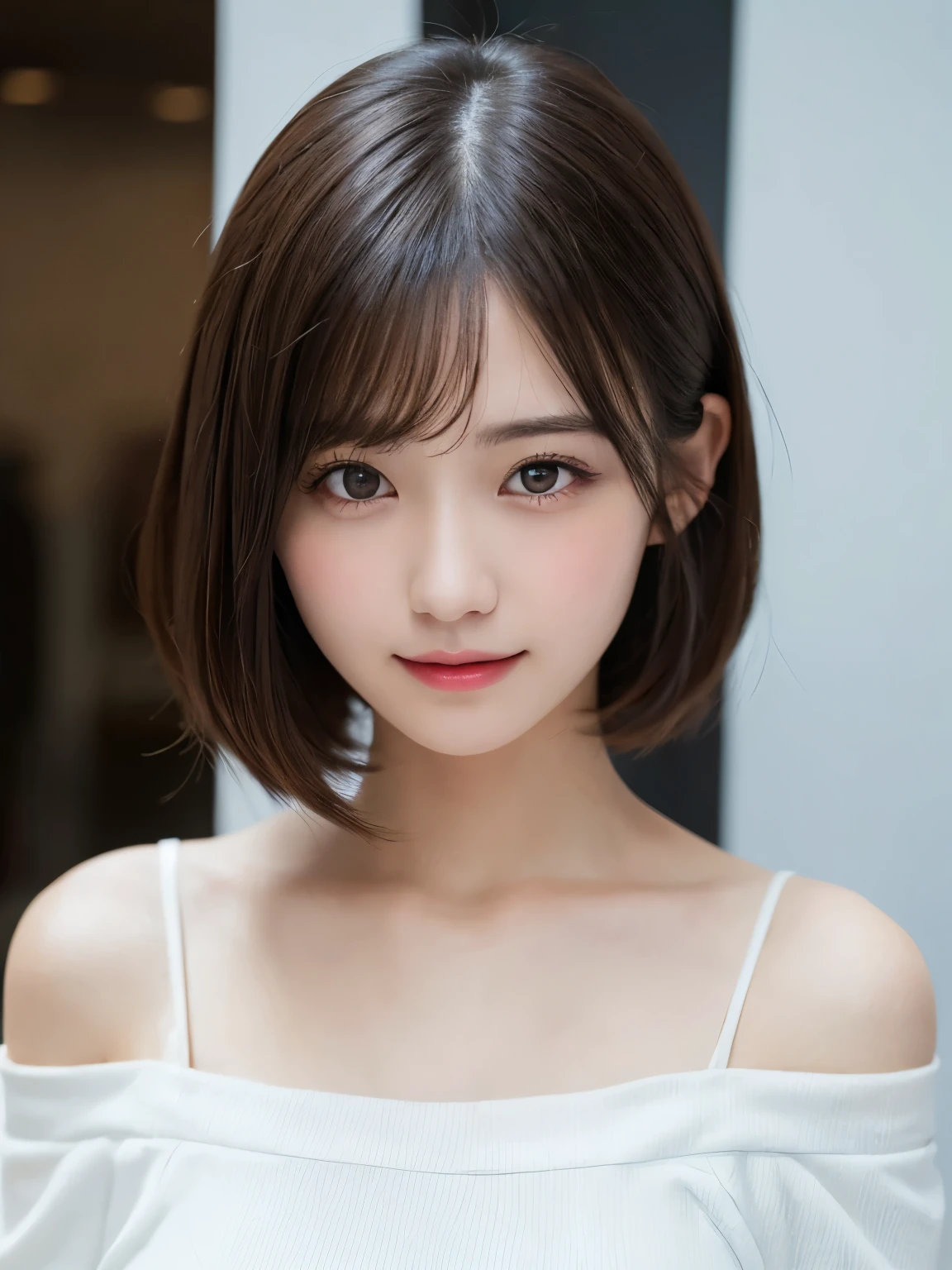 white background, half body portrait, bust shot, looks very happy, smile, one girl, (a beauty girl, delicate girl:1.3), (20 years old:1.3), break, (wear white off shoulder dress), break, very fine eyes, (symmetrical eyes:1.3), break, E cup breasts, brown eyes, parted bangs, short hair, brown hair, (eyes and faces with detailed:1.0), break, (masterpiece, best quality, ultra detailed, detailed face, 8k)