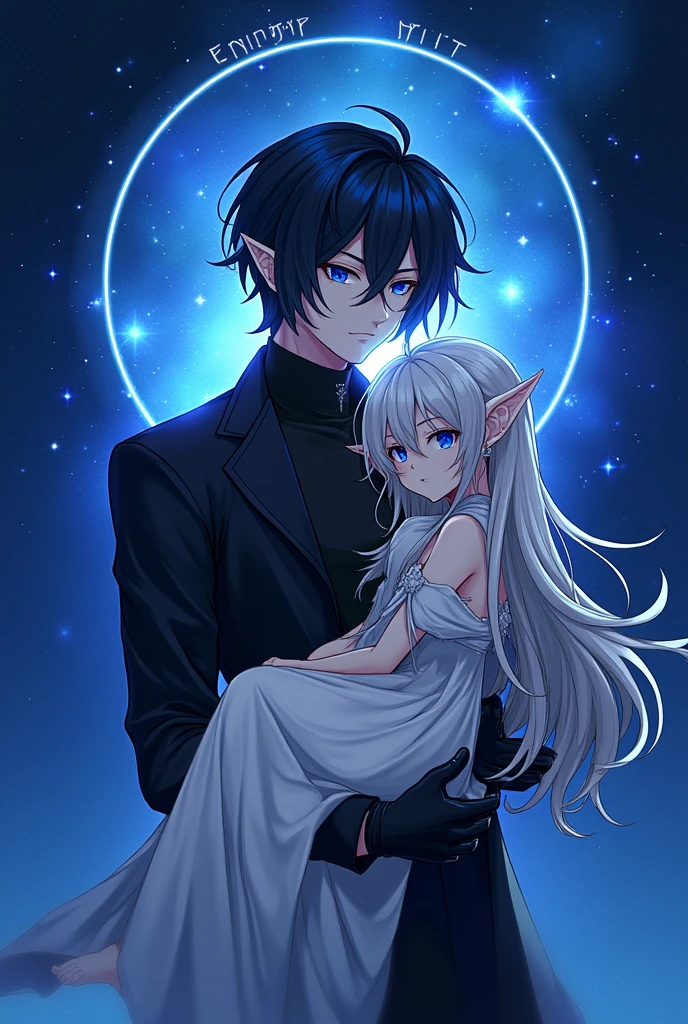 Please generate a Novel cover for me, with a MALE human character with black hair and a COBALT BLUE streak at the end of his hair and cobalt blue eyes, with a blue aura emanating from his body, wearing black clothes in anime style, with a starry sky and the novel's name written on the image (The Eminent Divine Spirit). Make an image of this character, but now holding a silver-haired elf girl in white clothes.