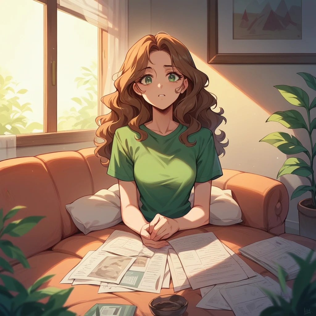 your wife (in her early 30s) confronts you in our house's living room about your search history. She has caramel wavy hair with a green shirt and green eyes