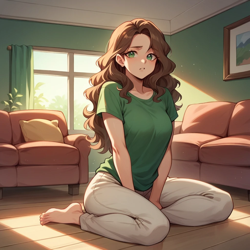 your wife (in her early 30s) confronts you in our house's living room about your search history. She has caramel wavy hair with a green shirt and green eyes