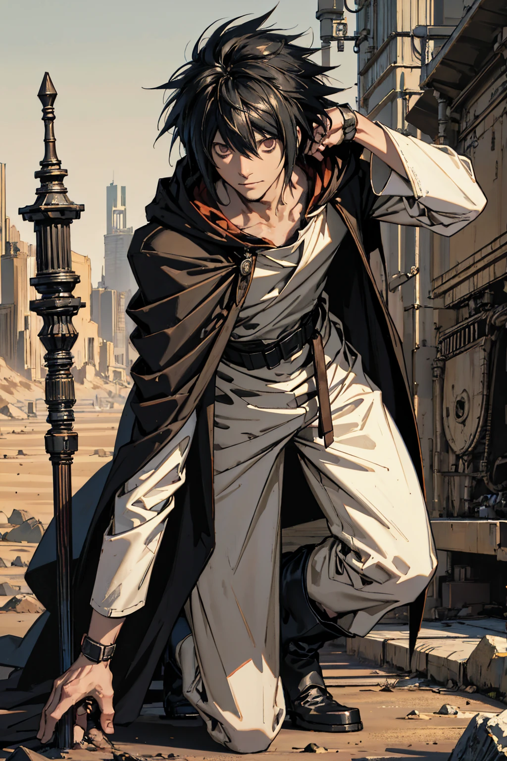 best quality,masterpiece,ultra detailed,Add layer,slim,1 man,solo,
l_lawliet, black hair, black eyes,
30 years old,jedi,tall,
poor cloak,(cloak:1.2),hood,debun pants,Smirk,boots,(gloves),mechanical parts,belt,long sleeves,
slouching,wilderness traveler,in the desert,in the wilderness,bent over,with a staff,