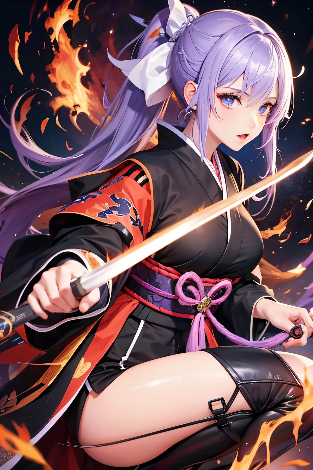 A 20-year-old female character in a flashy haori, mini hakama, knee-high boots, with long ponytail hair, holding a flaming sword, in the style of Japanese anime.