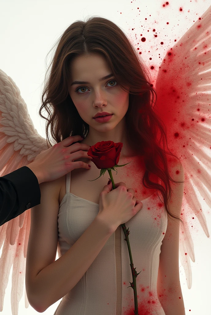 woman, straight black hair, kneeling on the floor, battered black angel wings, injured body, with a bloody heart in her hands, gore image, looking at the camera, photorealistic