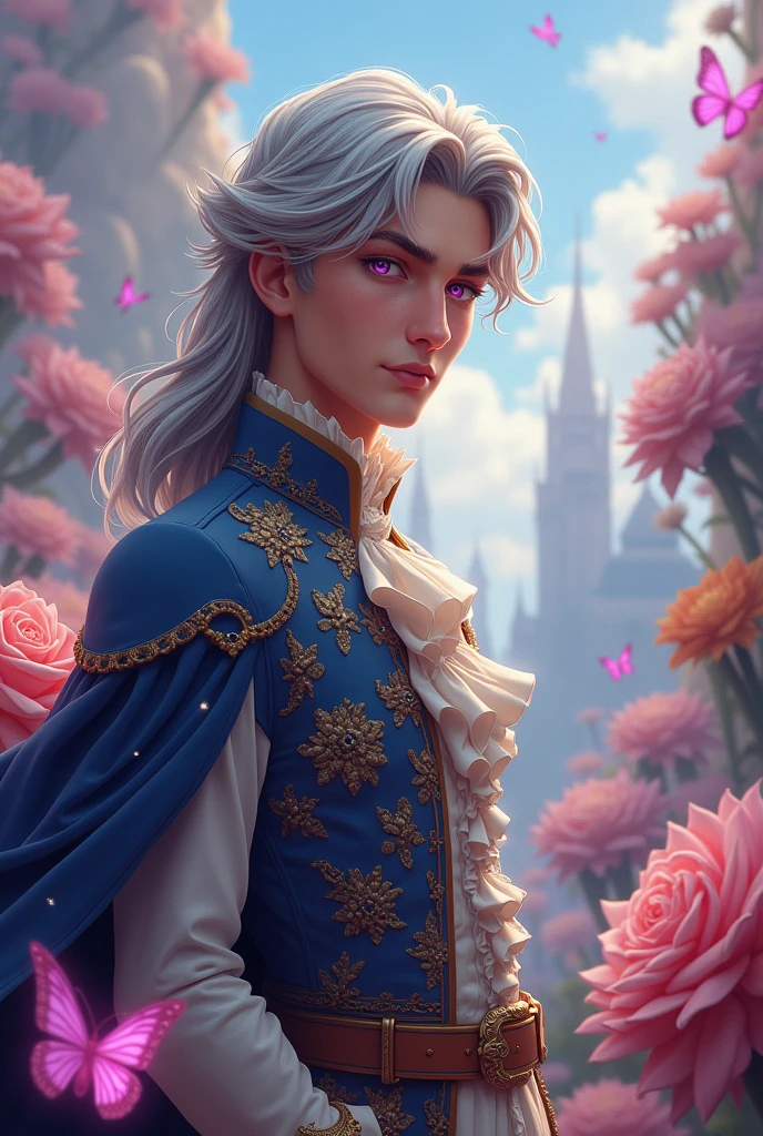 Prince Charming with Italian features, gray hair and purple eyes in Wonderland