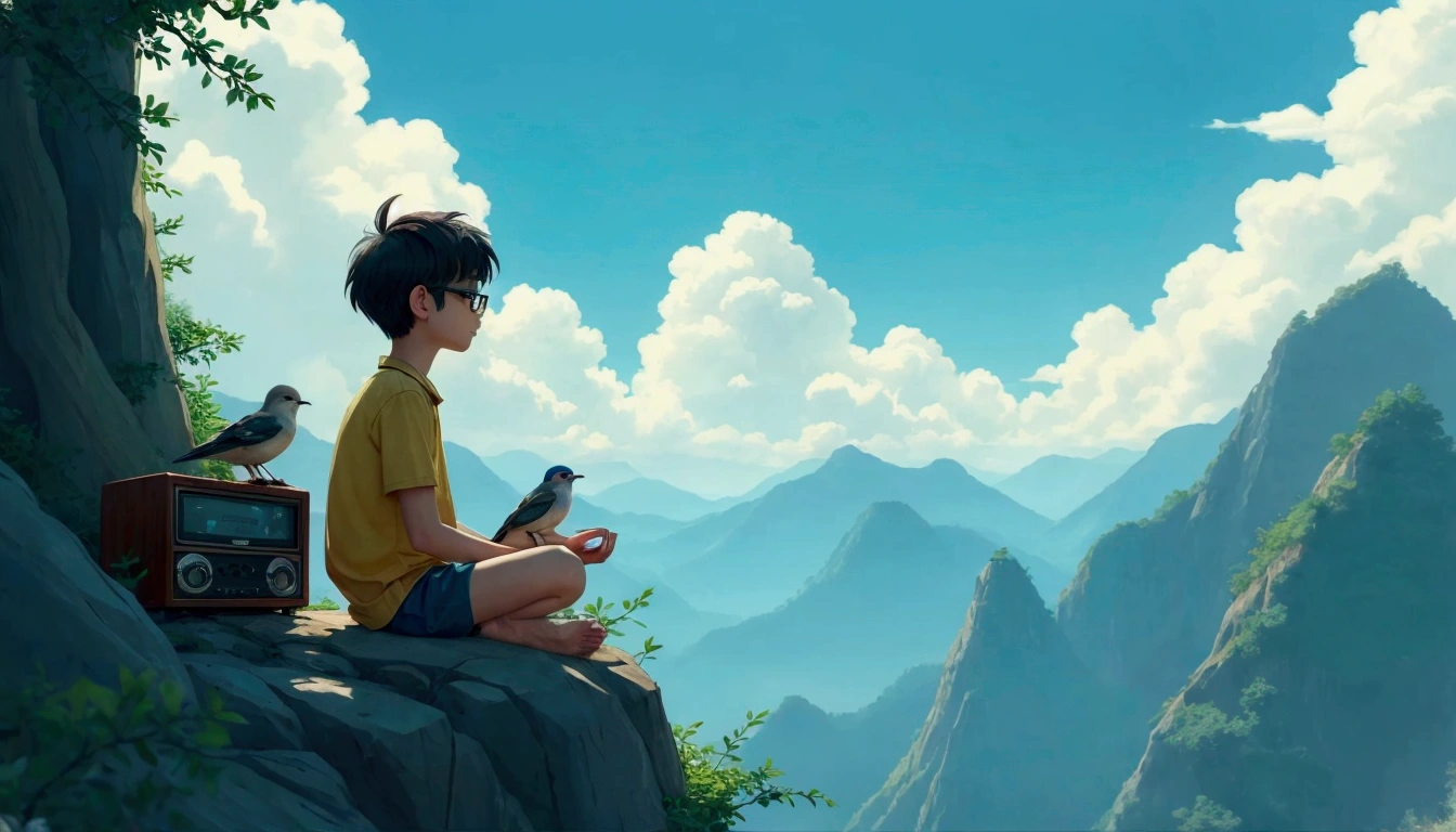 A short-haired nerd boy wearing glasses stands on a steep cliff with a small, old radio next to him.、He is sitting in meditation with his eyes closed、The background is a forest with many trees and a large temple in the middle.、A bird is perched on the boy's shoulder.、Deep, soothing music is playing on the radio.
