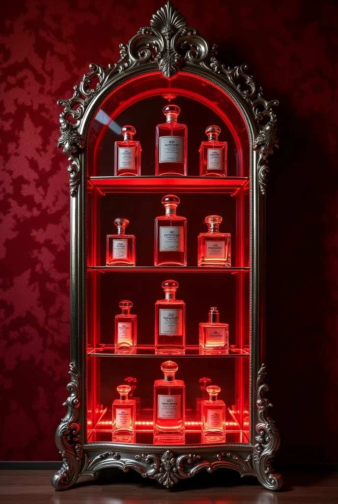 Create a tall and large mirror glass shelf. with many perfumes in different shades of red
Victorian Style