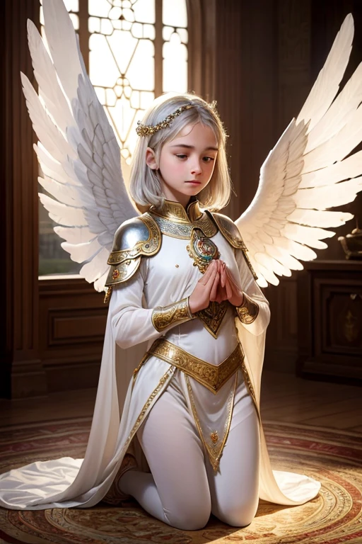 A young 15- yr old native European girl with lovely charminvg face,( skin texture masterpiece), (perfect full body detailed anatomy), (Super detailed), (meditating ), (perfect detailed glowing bright eyes),(short illuminating silver hair)，Wearing transparent costume of an angel，holding a treasure septer & shield, illuminating different lights covers the sorrounding atmosphere Has beautiful large white wings, The character solemnly praying 
