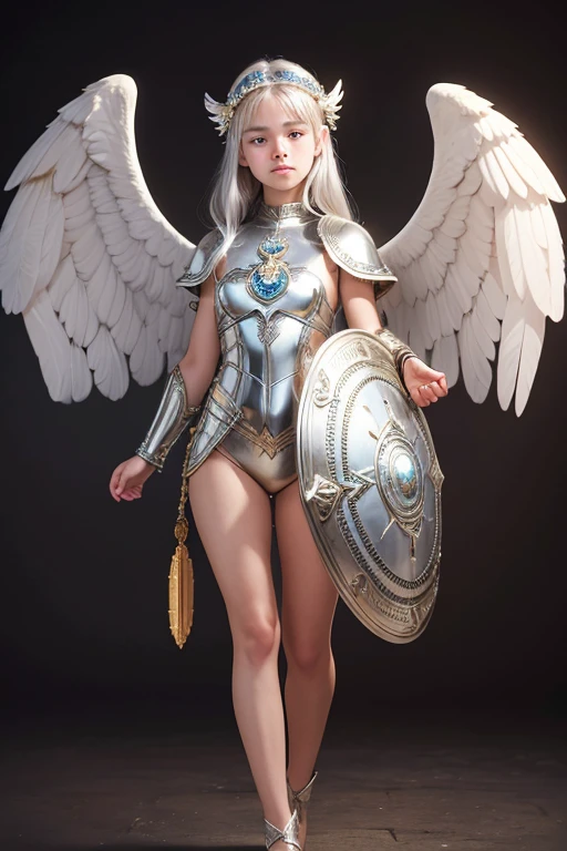 A young 15- yr old native European girl with lovely charminvg face,( skin texture masterpiece), (perfect full body detailed anatomy), (Super detailed), (meditating ), (perfect detailed glowing bright eyes),(short illuminating silver hair),Wearing transparent costume of an angel,holding a treasure septer & shield, illuminating different lights covers the sorrounding atmosphere Has beautiful large white wings, The character solemnly praying