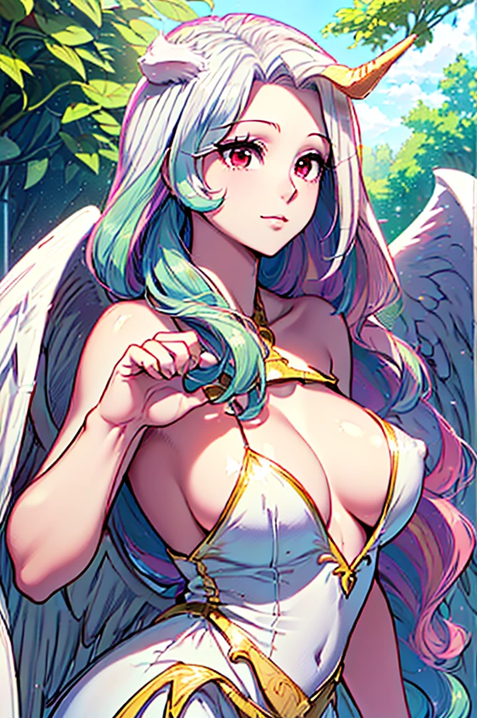 great quality ++ Extremely detailed high resolutionolution, very aesthetic, expressive eyes, (((perfect face))), (((face symmetrical))), ((good anatomy)), (((perfect hands))), (((8k))), UHD, HD wallpaper, (((detailed high cal, (((((1girl)))))), only, masterpiece, The best quality, high resolution, Highly detailed, (illustration), beautiful detailed eyes, (((combatant))), (((1girl))), ((((Whole body)))), (((((((Illyasviel von Einzbern)))))), (((princess_Celestia))), ((((human form)))), ((princesa Celestia humanizada)), Celestia, Celestia de My Little Poni, Celestia en forma de milf, long wavy hair, (((Red eyes))), (((strapless tube dress))), (((Multicolored Hair))), (((white dress))), (((milfication))), (((mature female))), (((big breasts))), (((white pony ears))), (((Detailed fingers))), (((white angel wings))), (((golden unicorn horn))), Precise fingers, Not unnatural hands, strange eye, Greek columns, exterior, beautiful majestic forest, vine leaves surrounding the columns, flower bushes everywhere, clear sky, bright sunny day, water lilies, bosque Celestial,