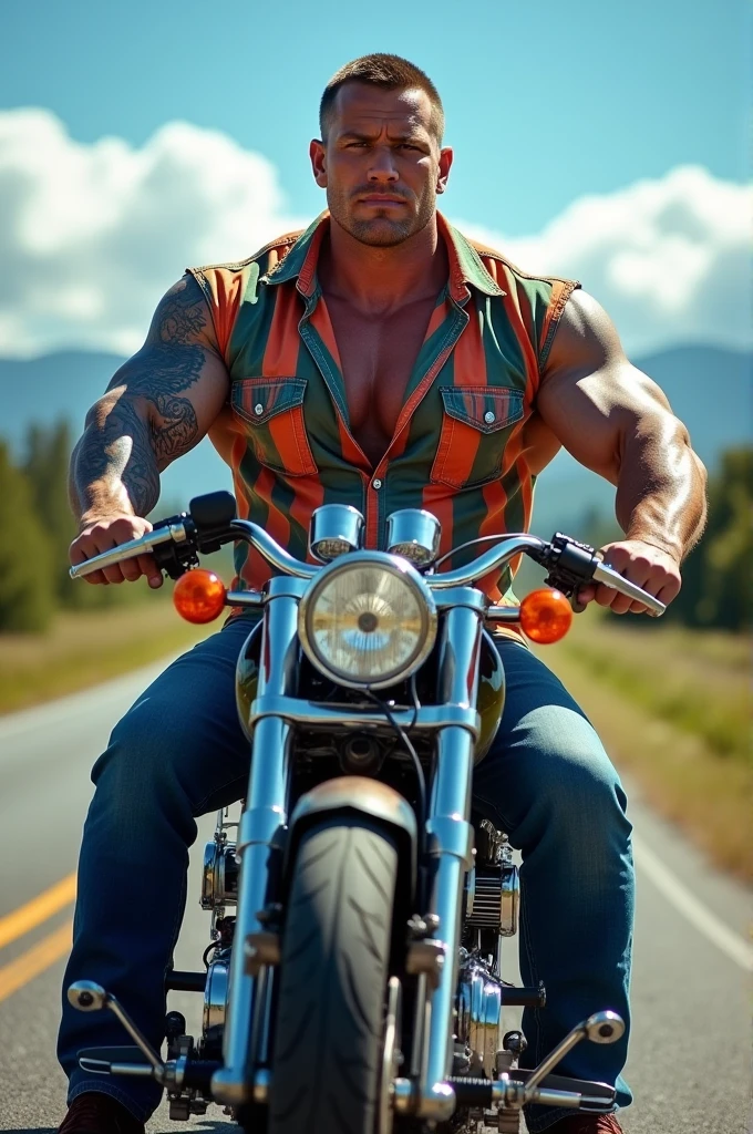 Big giant body builder white men wearing unbuttoned multi colored double pocket shirt on heavy motor bike 